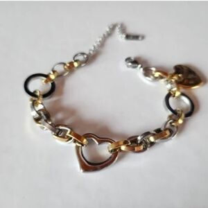 Anthropologie Two-Tone Heart Link Bracelet in Gold and Silver with Black Accents